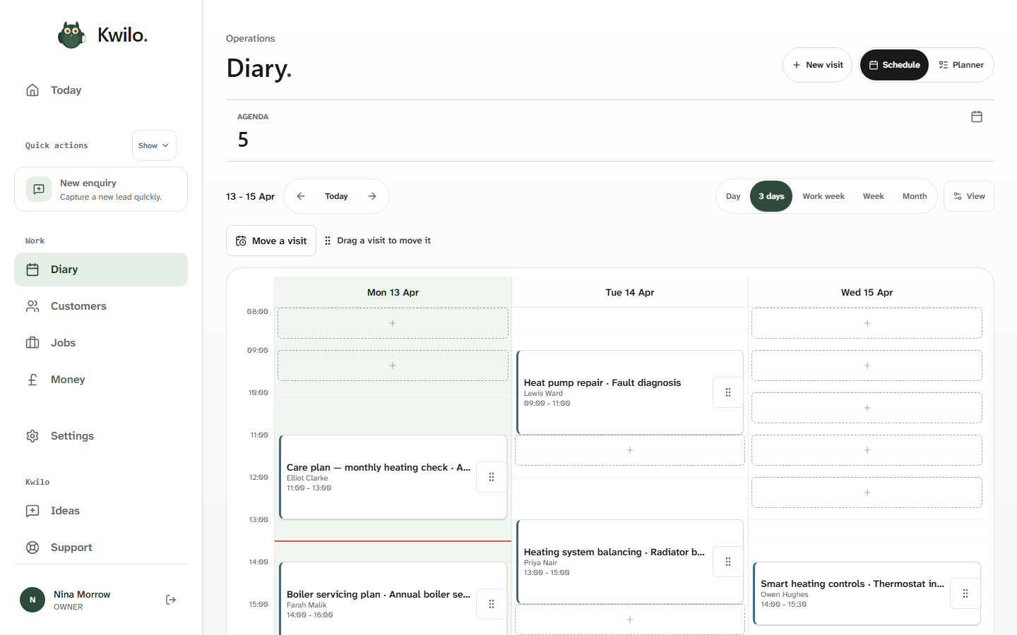 Kwilo Diary showing a completed care-plan Visit and four upcoming heating Jobs across three days