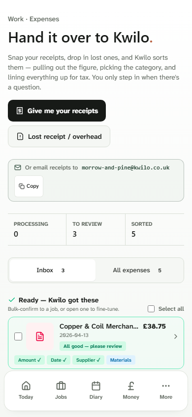 Kwilo Expenses Inbox showing three receipts ready for review on mobile