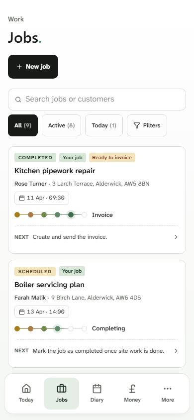 Kwilo Jobs mobile list showing heating-service work at different stages