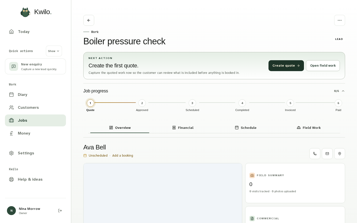Kwilo Job view for Ava Bell’s boiler pressure enquiry.